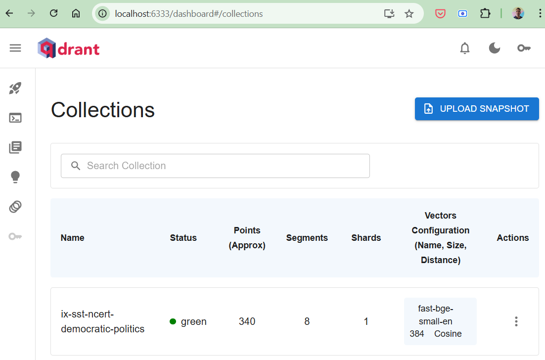 Figure 1: Screenshot of the Qdrant dashboard after running the data_ingestion.py